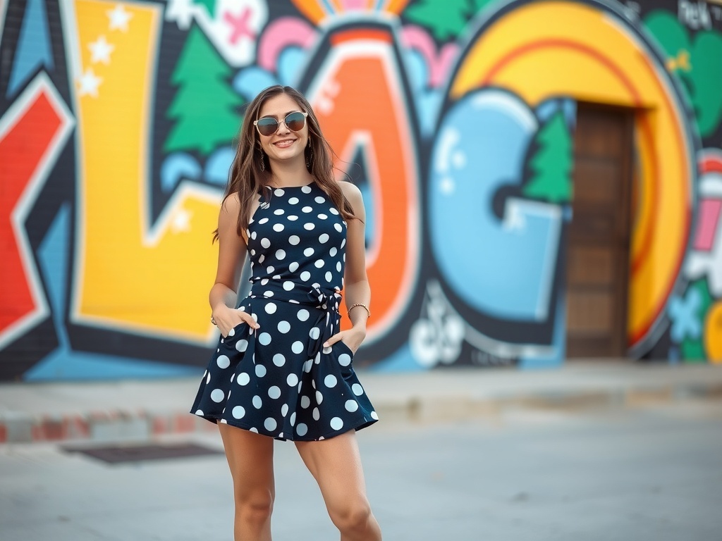 A model wearing a polka dot skirt and top, smiling in front of a colorful mural.