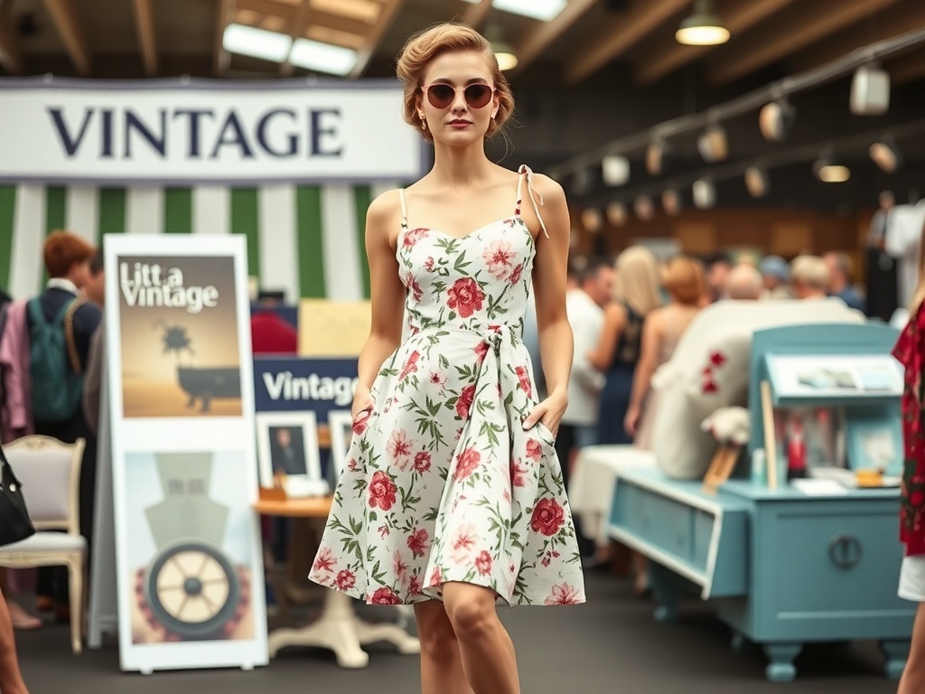 A model wearing a vintage-inspired floral tea dress with sunglasses.