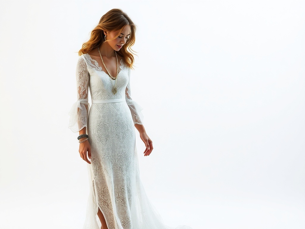 A bride wearing a bohemian lace dress with flowing sleeves, showcasing her elegant hairstyle and jewelry.