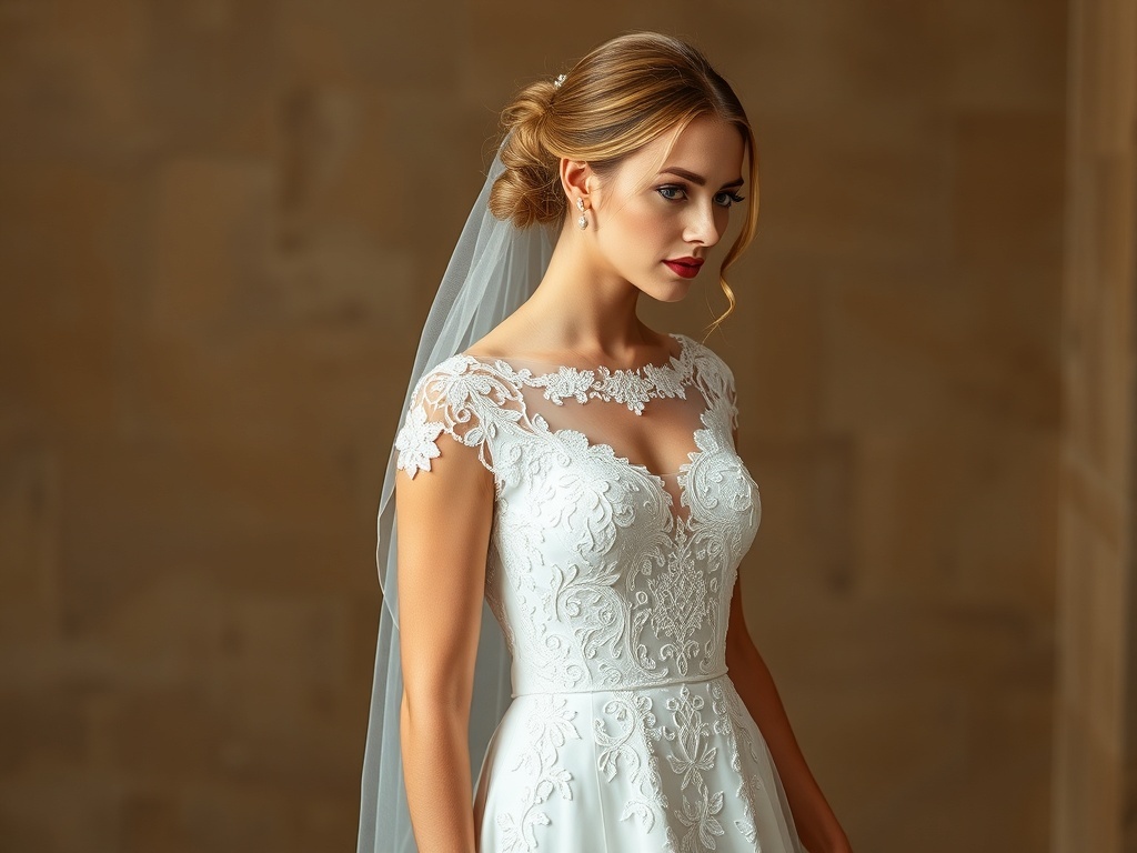 A bride wearing a lace-detail A-line dress with a vintage veil, showcasing elegant hair and accessories.