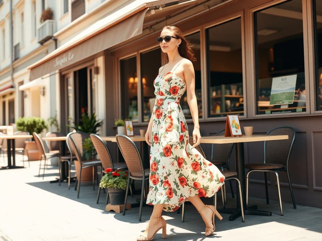 A model wearing a floral midi dress with spaghetti straps, sunglasses, and stylish shoes, walking in a sunny outdoor setting.