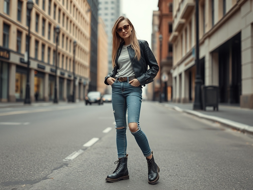 Fashionable woman in 10 Barrel jeans, leather jacket, Doc Martens boots, and sunglasses on a city street.