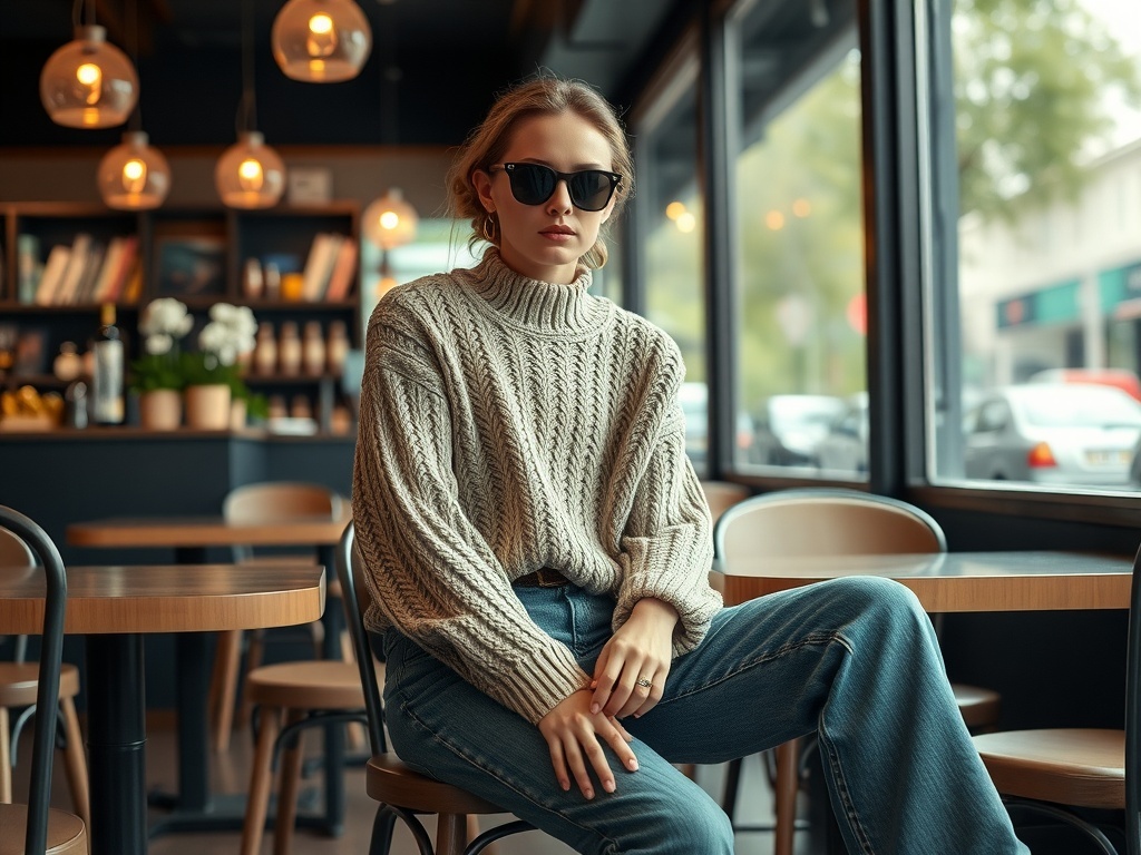 A model wearing a knit sweater and wide baggy jeans, sitting in a cafe.