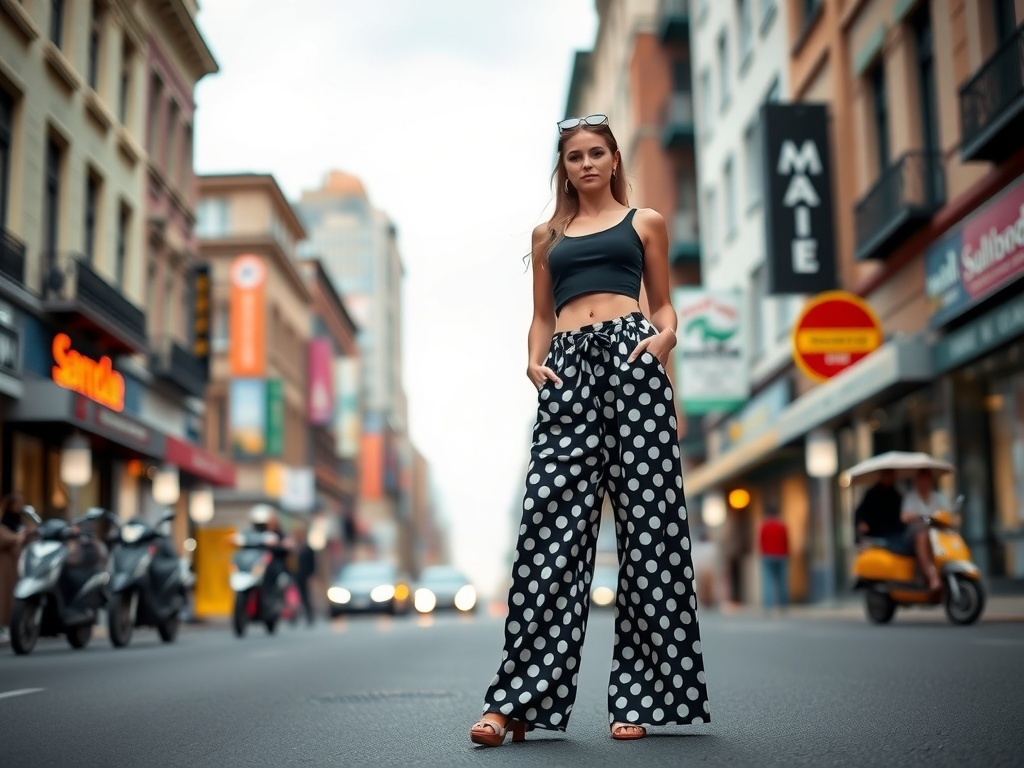 A fashionable model wearing polka dot palazzo pants and sunglasses in an urban setting.