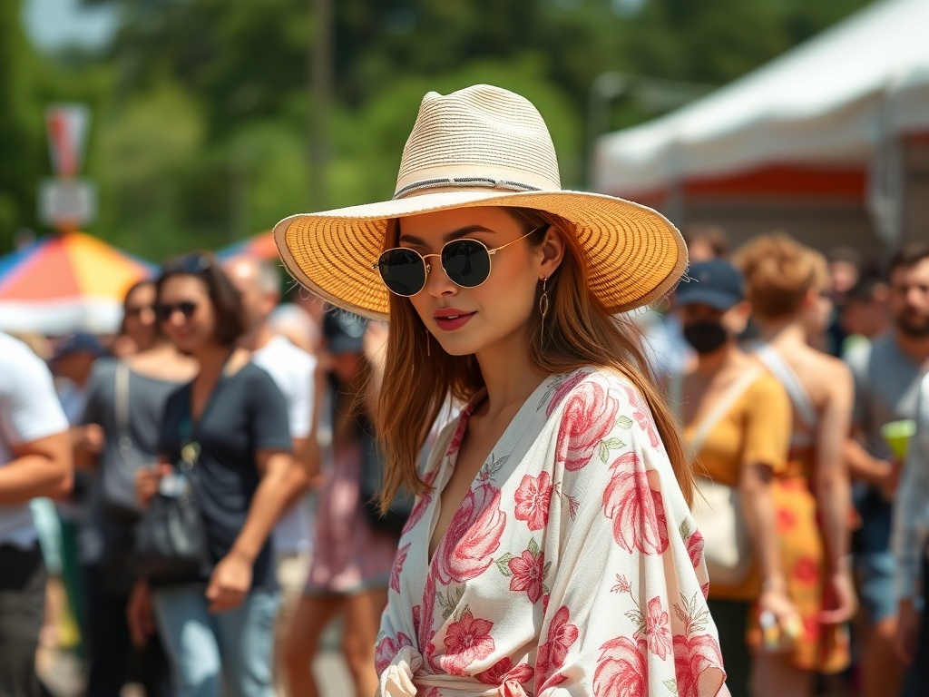 A fashion model wearing a wide-brim hat and flowy kimono at Coachella.