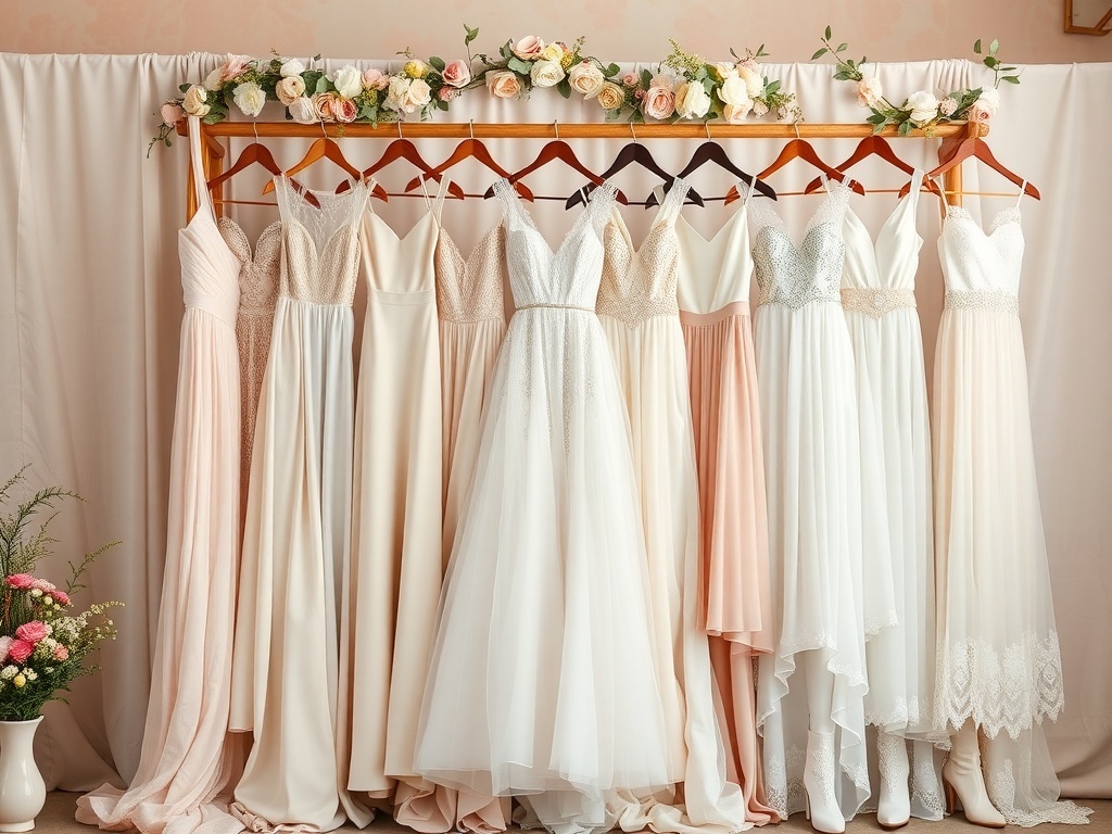 A collection of soft pastel bridal wedding dresses hanging on a rack.