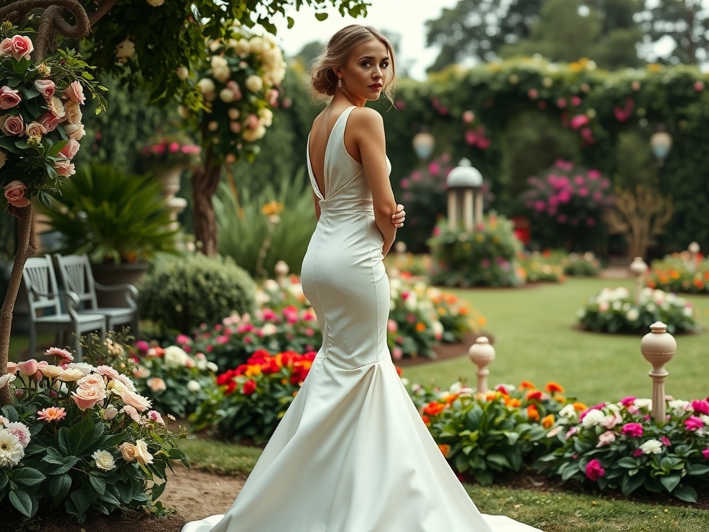 A woman wearing a sophisticated mermaid silk wedding dress in a garden setting.