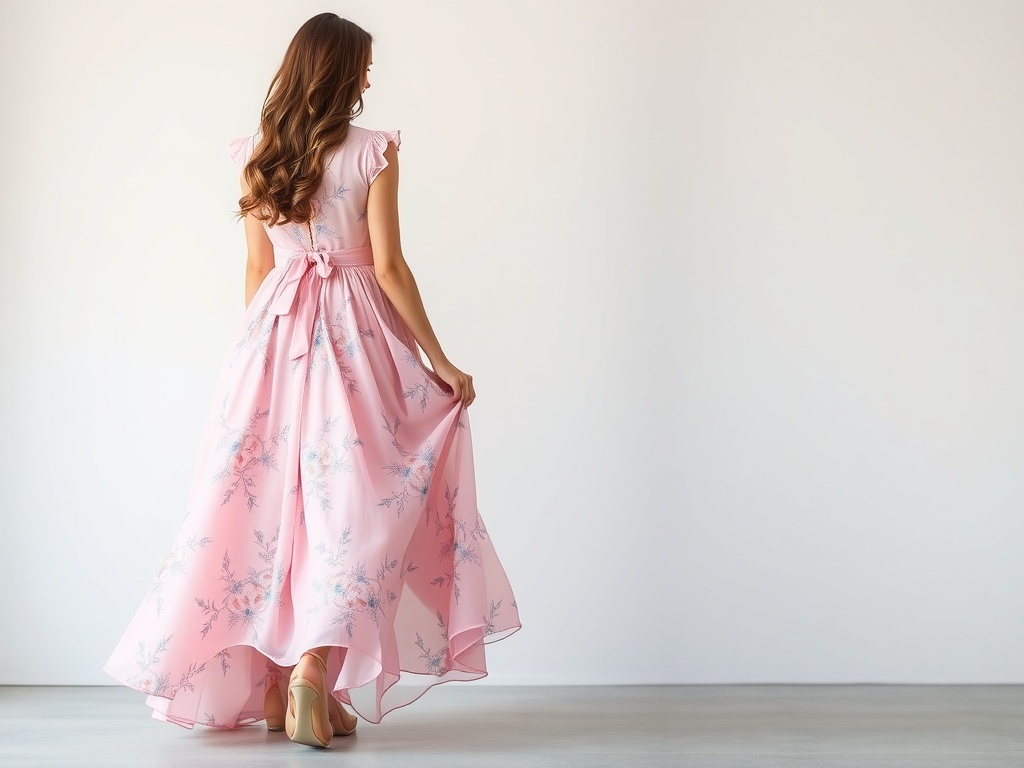 A model wearing a romantic pink and blue floral dress with a flowing design.