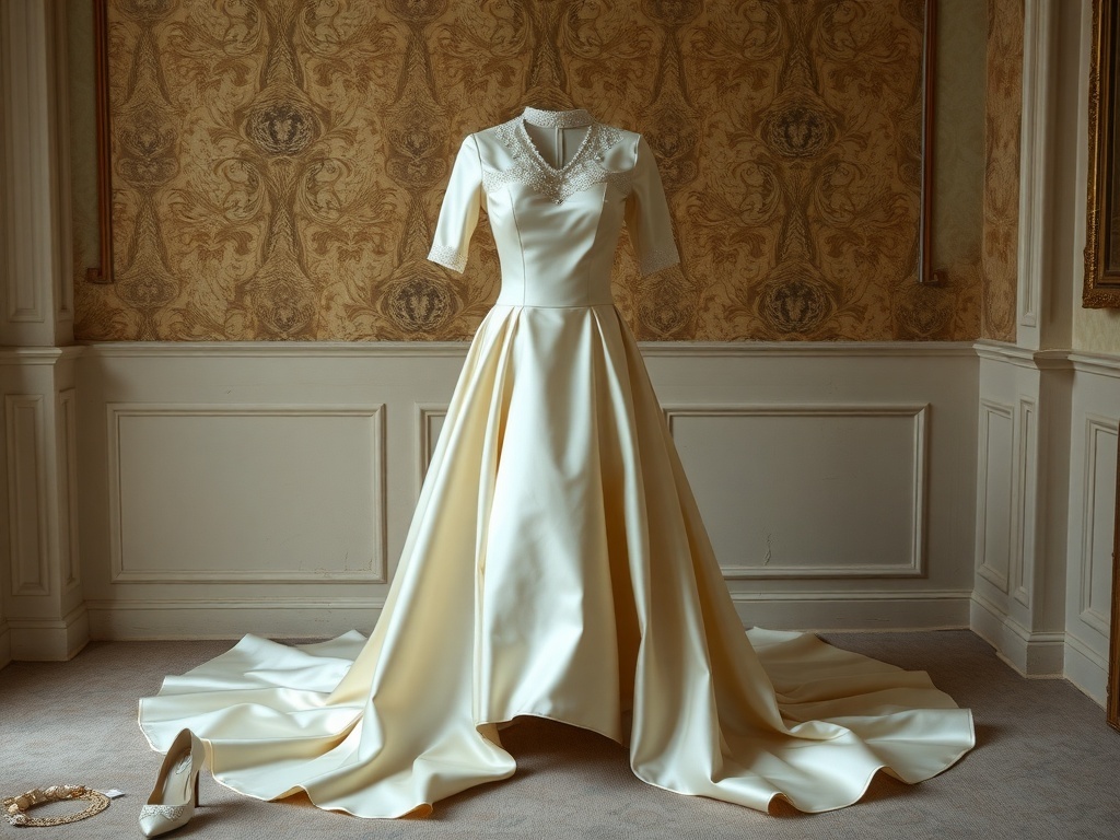 A luxurious silk tea-length wedding dress displayed elegantly in a classic setting.