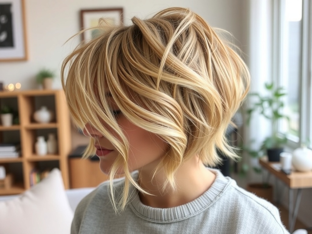 A woman with soft layered bixie haircut, showcasing gentle waves and a light blonde color.