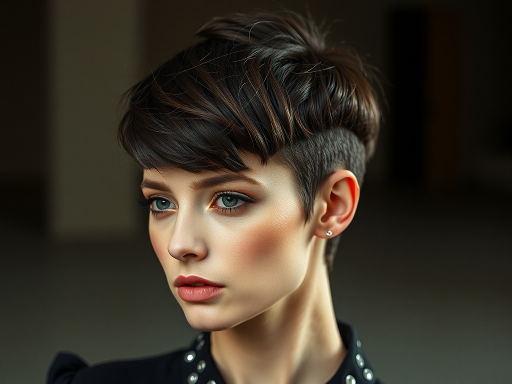A close-up of a person with a bold pixie-bixie hybrid haircut, showcasing layers and volume.