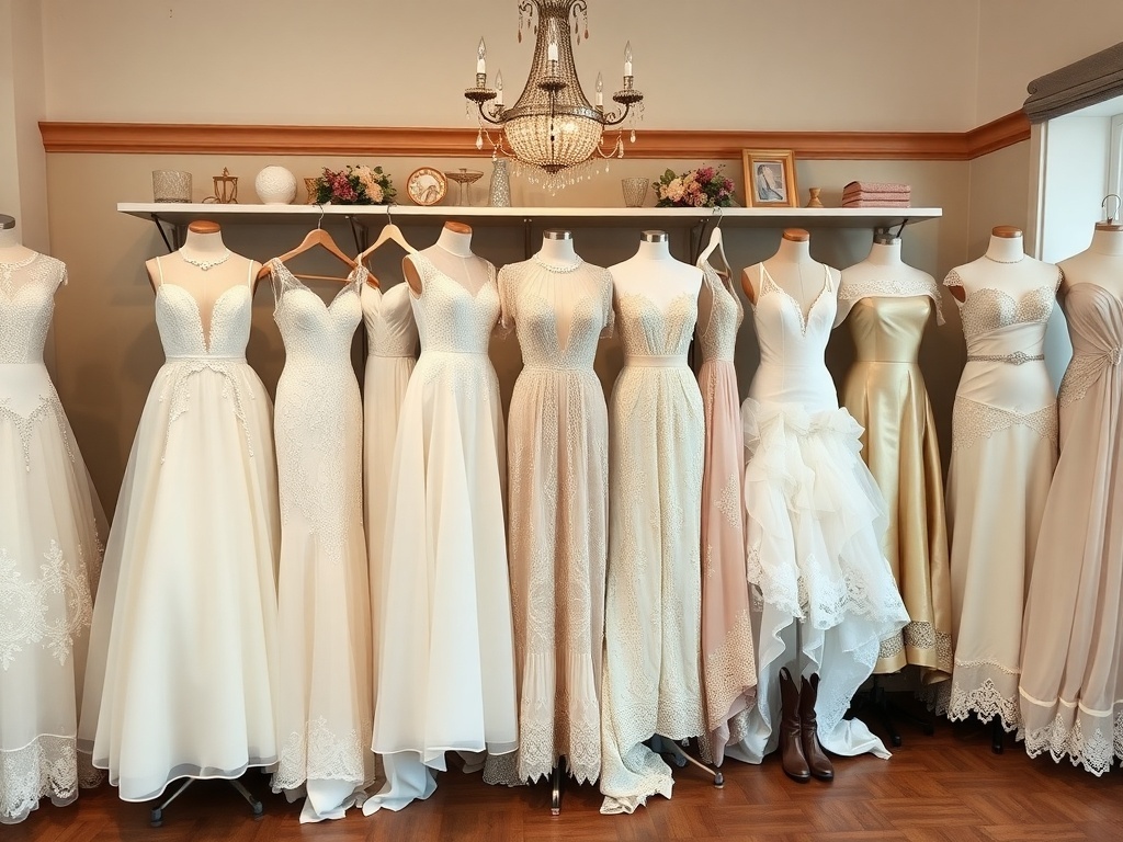 A collection of vintage-inspired Regency style bridal wedding dresses displayed on mannequins.