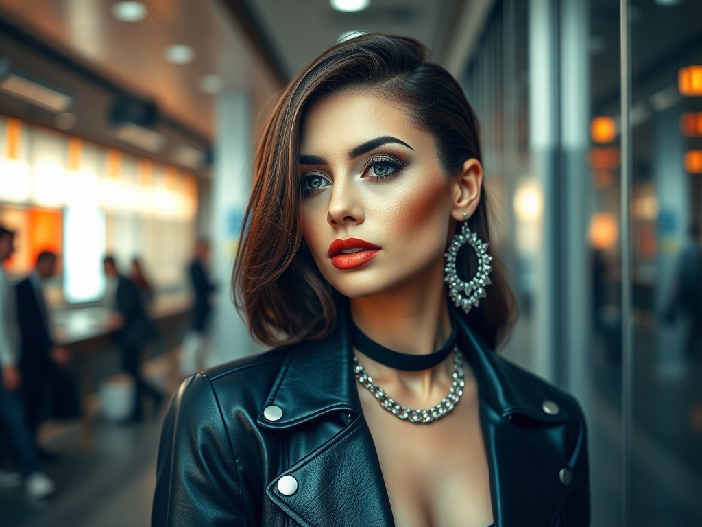 A fashion model with an elegant hairstyle, cool braided hair, sexy eye makeup, pouty red lips, large earrings, and coffin style black and white polka dot nails.