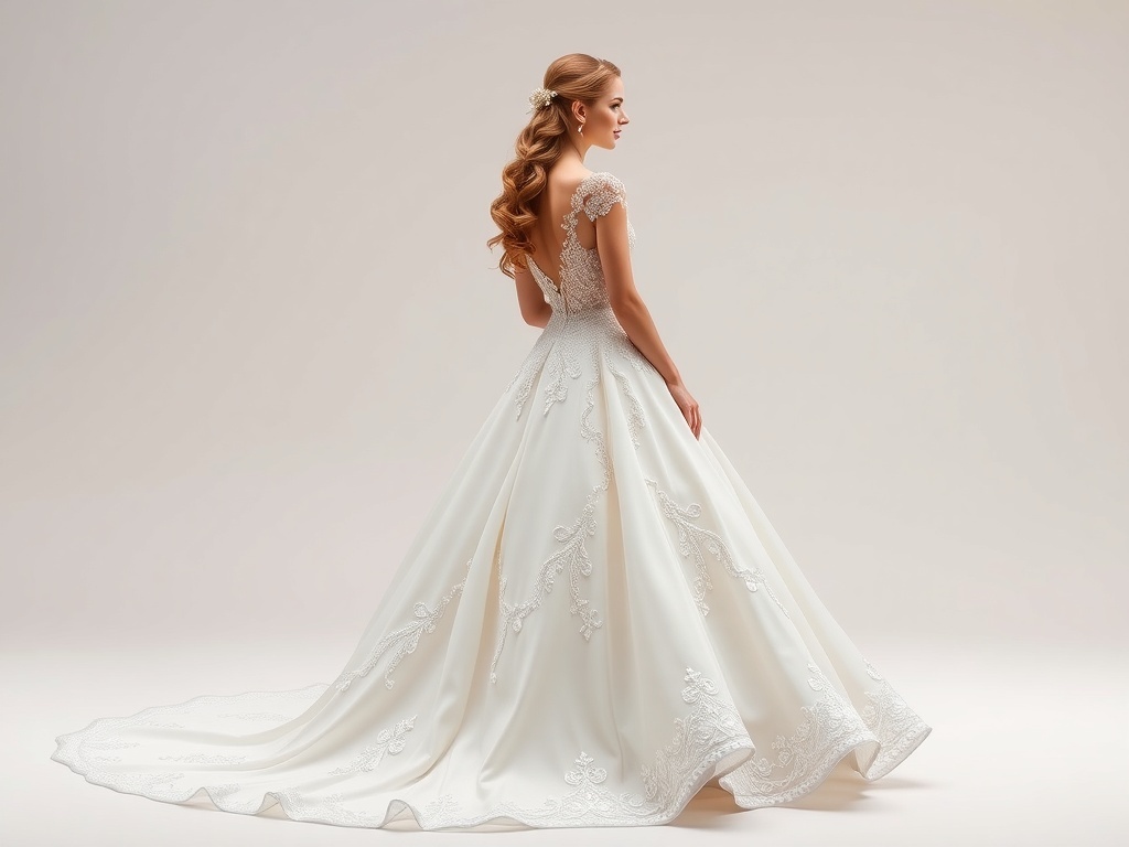 A bride wearing a ball gown with an intricate bodice and a long train.