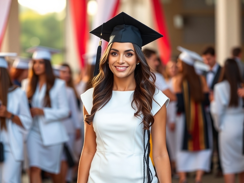 A model in a classic sheath dress with cap sleeves, wearing a graduation cap and elegant jewelry, set against a graduation background.