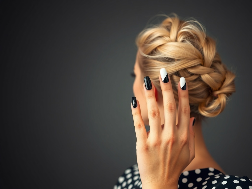 A stylish woman showcasing a chic braided updo and polka dot nails.