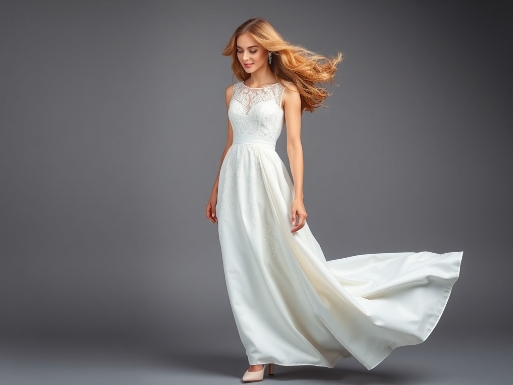 A model wearing a chic white empire waist dress with flowing fabric and lace details.