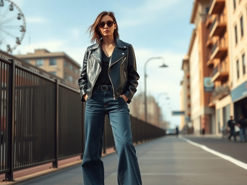 Fashion model wearing wide baggy jeans and a leather jacket on a city street.