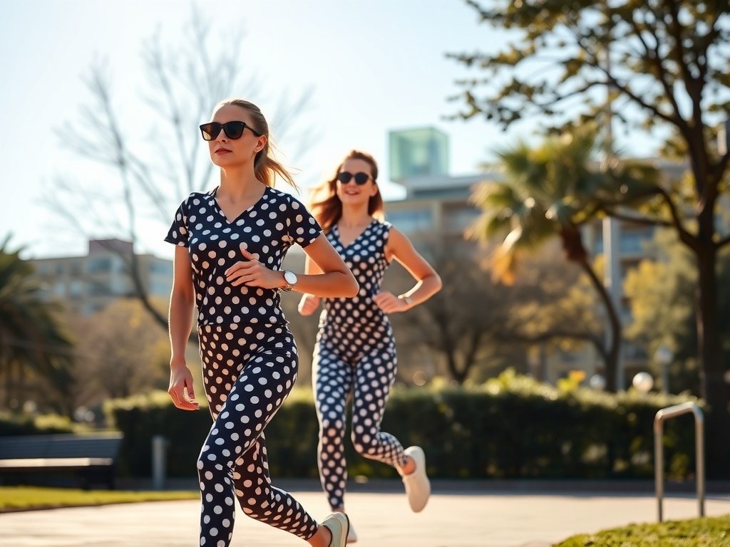 Two models wearing sporty polka dot outfits and sunglasses, jogging outdoors.