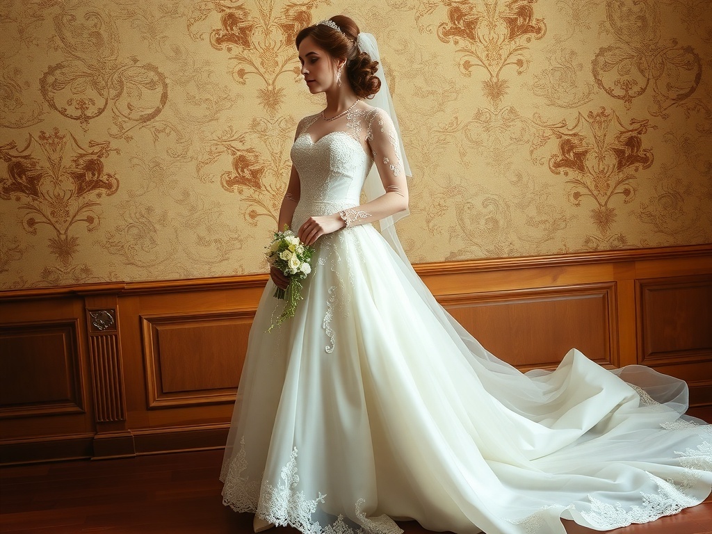 A bride in a vintage-inspired gown with beaded details, showcasing her elegant hairstyle and holding a bouquet.