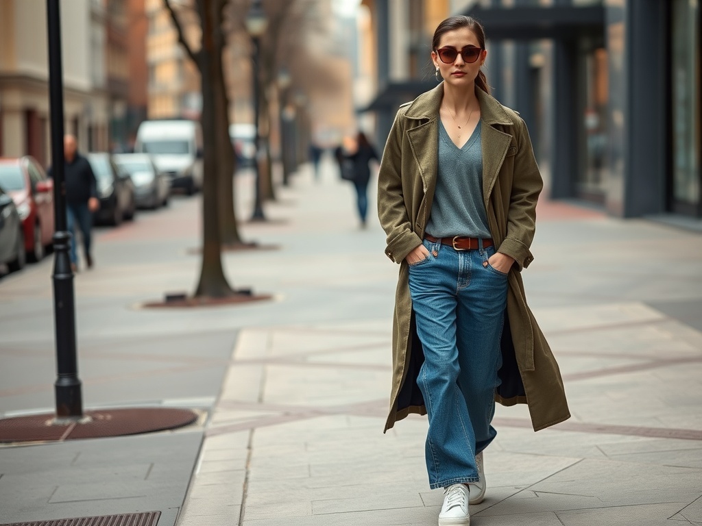 Fashion model wearing baggy jeans and a long coat in an urban setting.