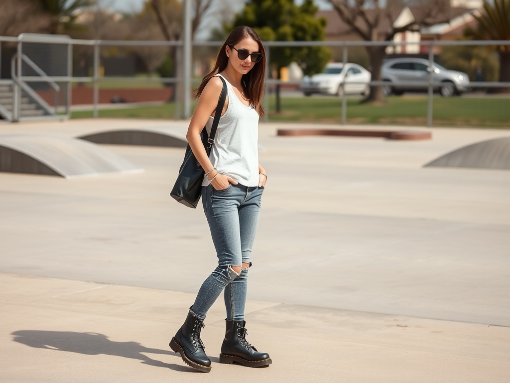 Fashionable woman in 10 Barrel jeans, Doc Martens boots, and sunglasses.
