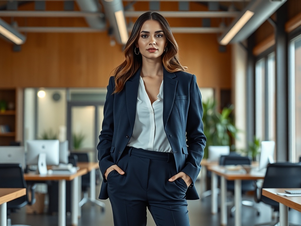 A professional woman in a modern navy blue suit, standing confidently in an office setting.