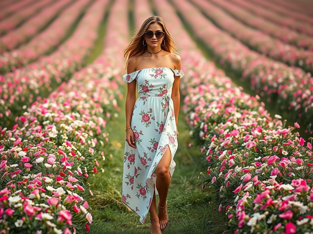 A model wearing a romantic off-shoulder floral dress in a flower field.