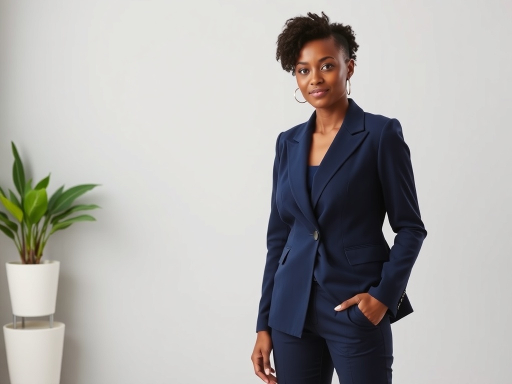 Close-up of a tailored navy blue blazer on a mannequin.