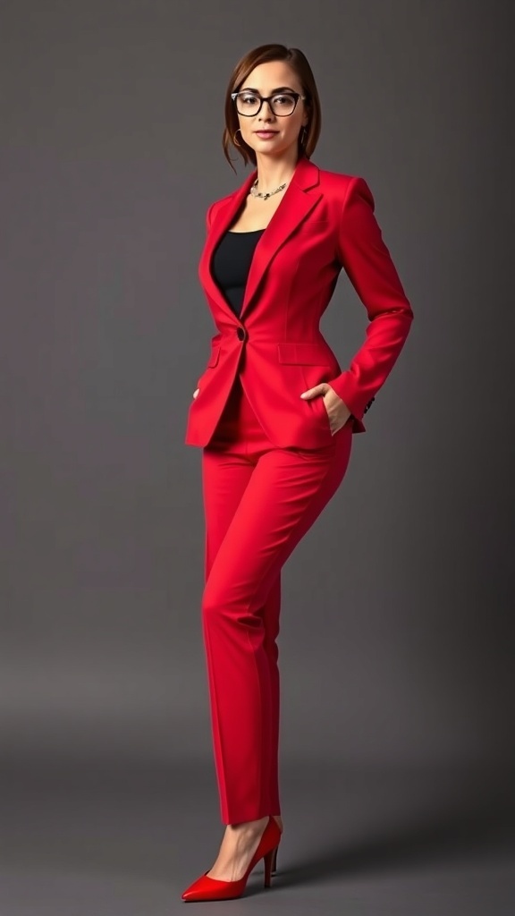 A confident woman in a tailored red blazer and slim fit trousers, posing with matching heels and handbag.