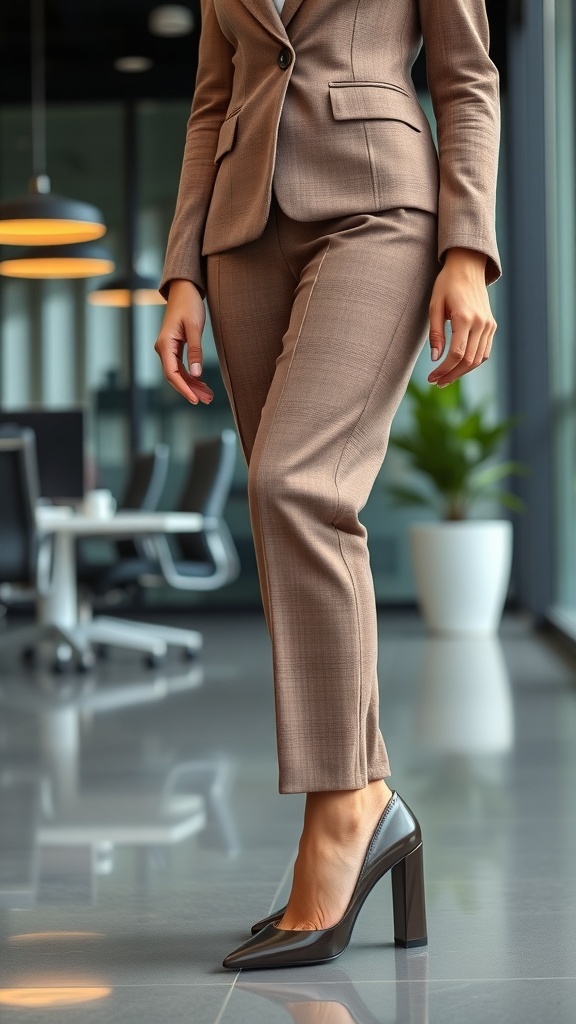 A close-up of a chic woman wearing taupe business suit pants with stylish black high heels in a modern office setting.
