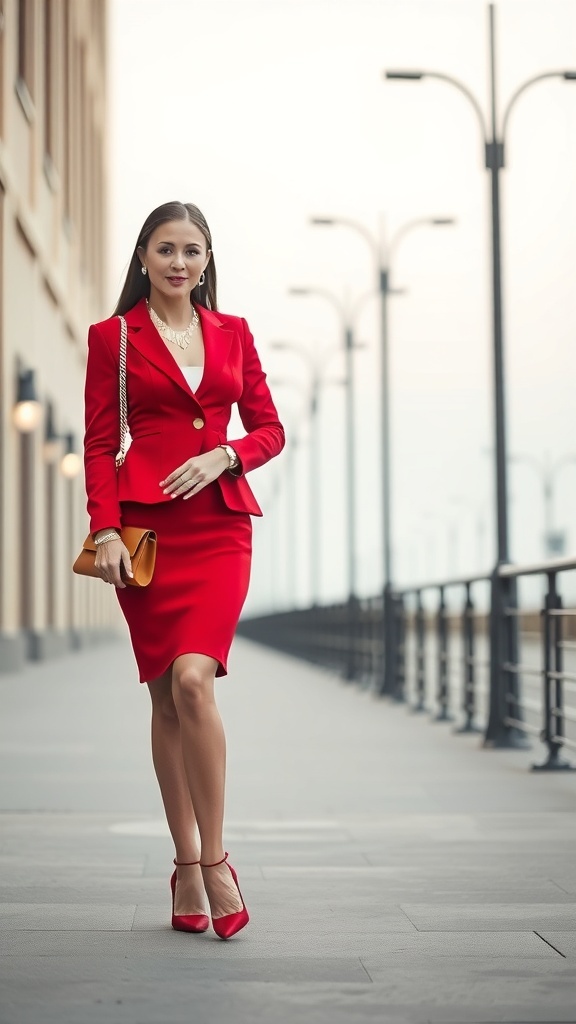 A woman in a chic red pencil skirt suit standing confidently outdoors.