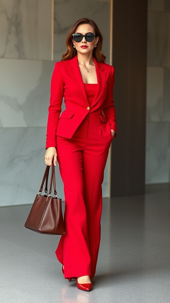 A confident woman in a modern red suit with wide-leg trousers, paired with matching shoes and a handbag.