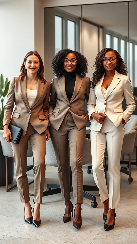 Chic elegant women wearing taupe and ivory business suits with matching accessories
