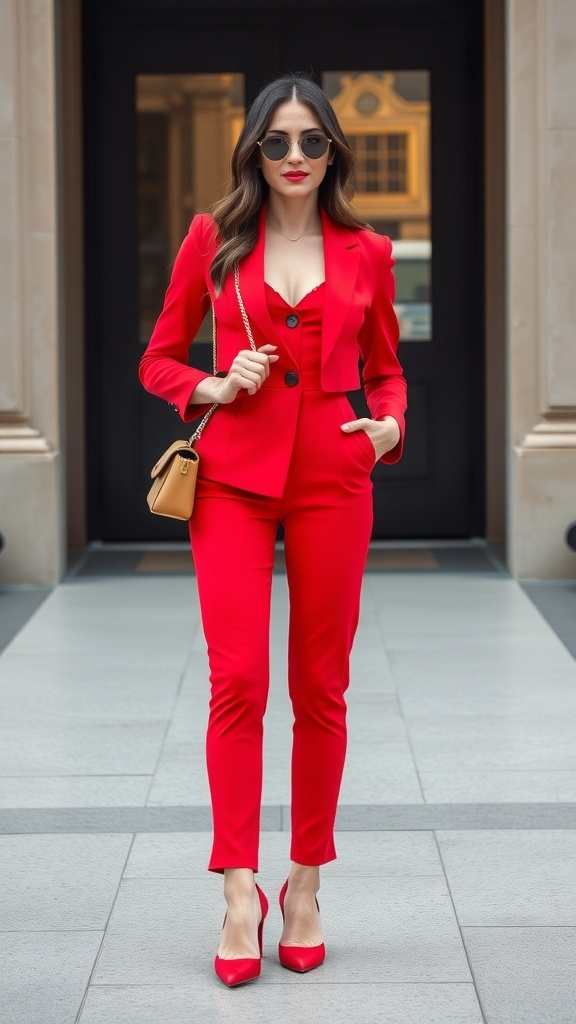 A professional woman wearing a red business suit with a cropped jacket, matching shoes, and a handbag.