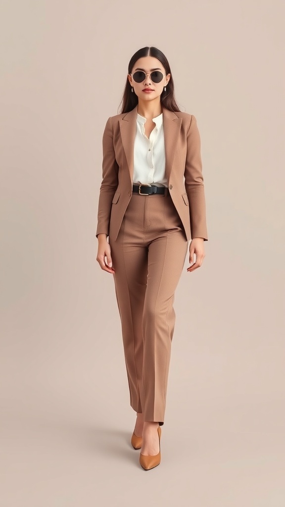 Chic woman in a taupe business suit with ivory top and matching accessories, exuding elegance.