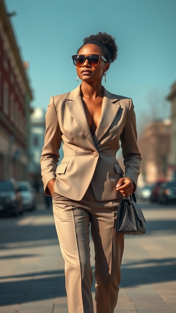 Chic woman in a taupe blazer walking confidently in the city.