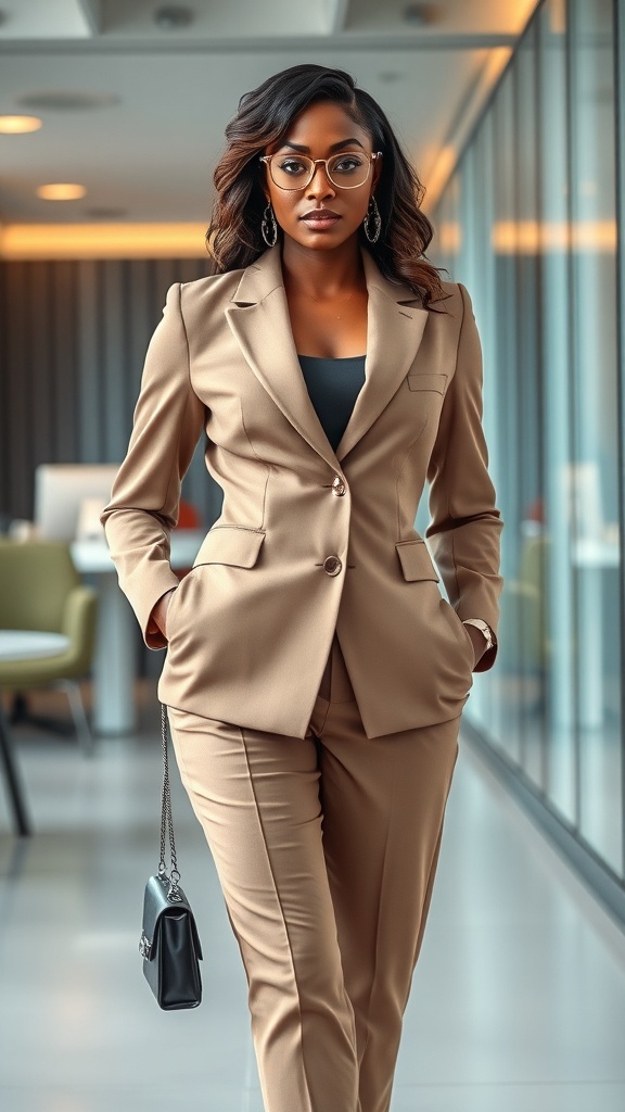 A chic woman in a taupe business suit exuding confidence in an office setting.