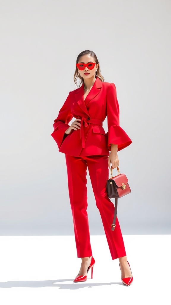 A model wearing a bold red suit with statement sleeves, matching shoes, and handbag.