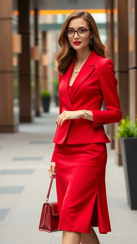 A professional woman wearing a red suit with an A-line skirt, holding a handbag, accessorized with jewelry.