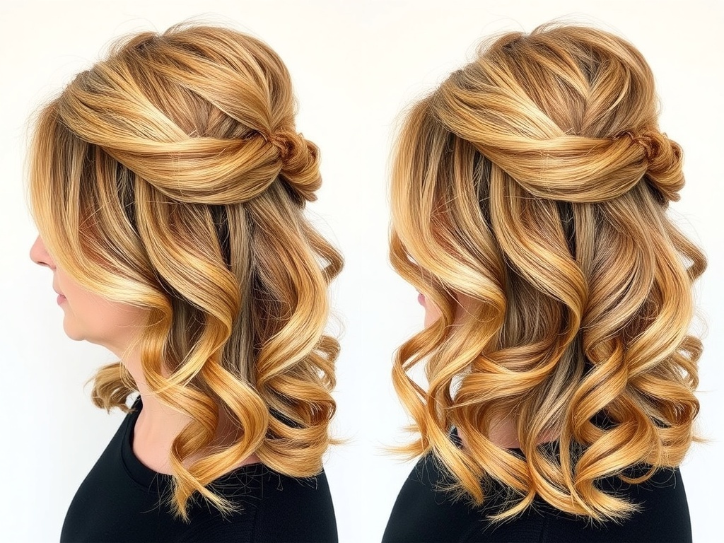 A stylish half-up, half-down hairstyle featuring loose curls, perfect for women over fifty
