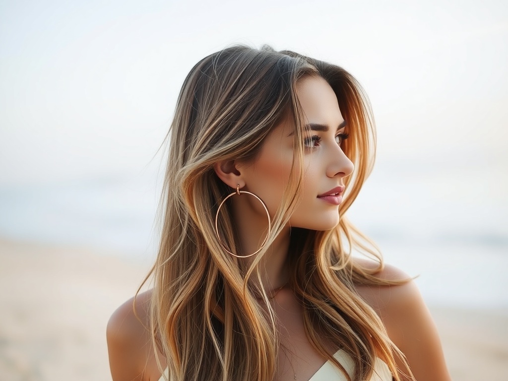A woman with long layered hair styled in beachy waves, with large hoop earrings against a beach backdrop.