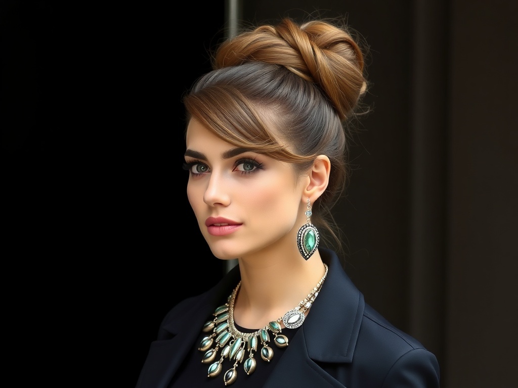 Chic half-up top knot hairstyle with stylish earrings and necklace.
