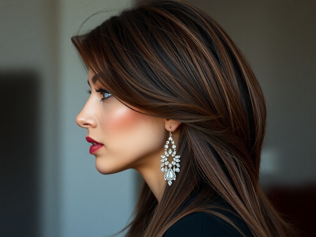 A model with long layered hair and fashionable jewelry, showcasing a chic hairstyle.