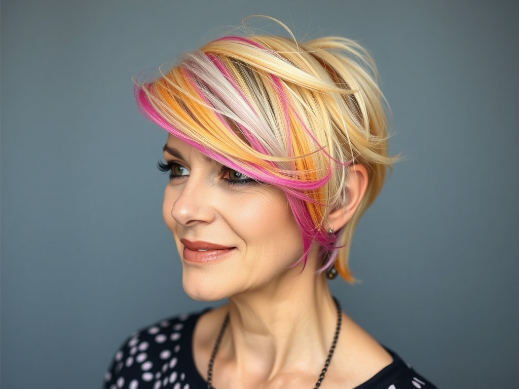 A stylish asymmetrical haircut with vibrant colors, showcasing a bold and youthful appearance.