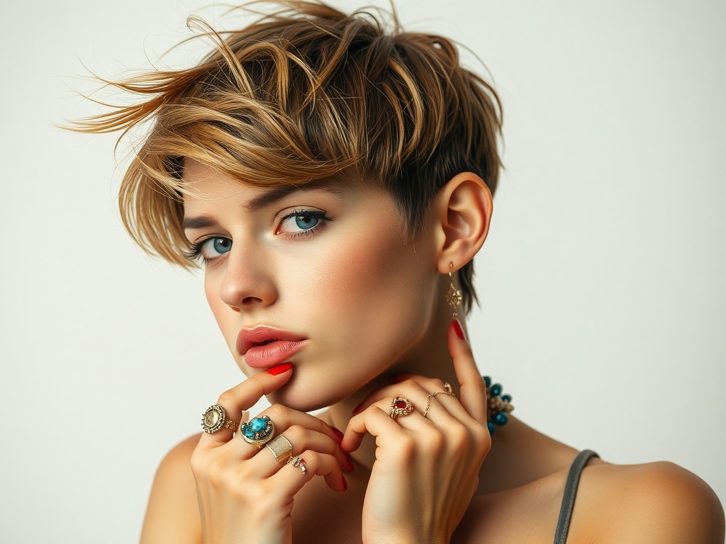 A model with a layered pixie cut and fashionable jewelry, showcasing a playful look.