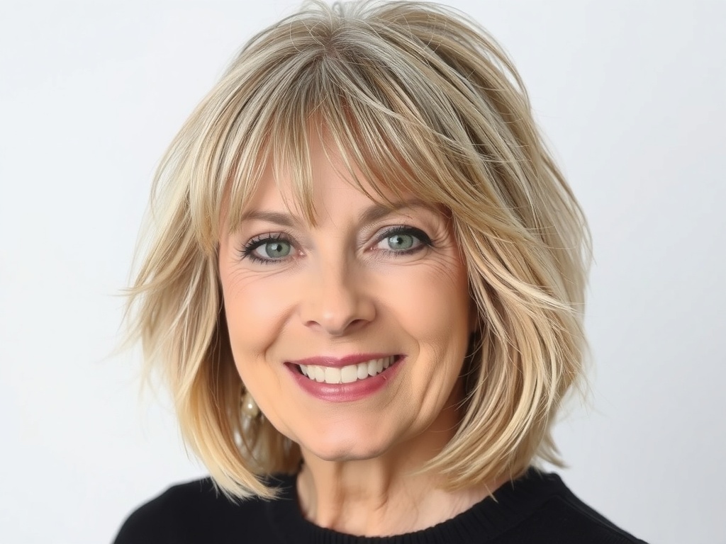 A woman with a layered shag haircut and wispy bangs, showcasing a modern hairstyle suitable for women over fifty.