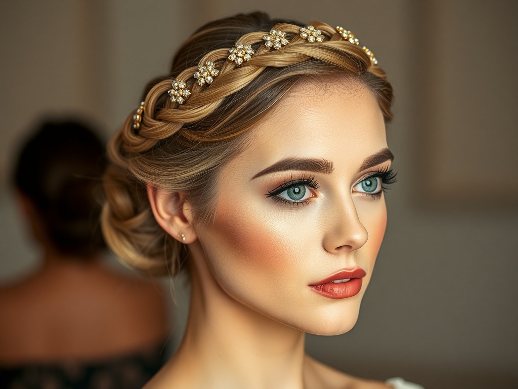Sophisticated braided crown hairstyle with fashionable jewelry.