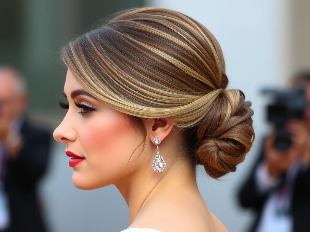 Elegant sleek low bun hairstyle with side part and fashionable jewelry.