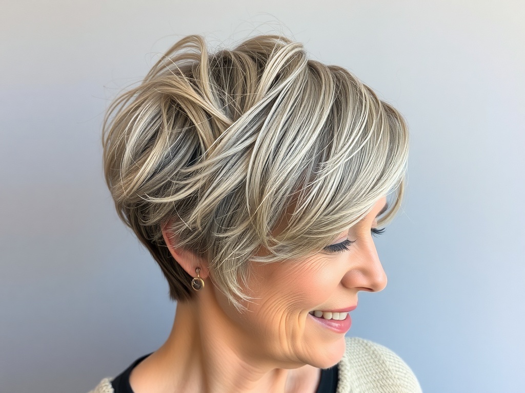 Chic pixie cut featuring textured layers, ideal hairstyle for women over fifty.